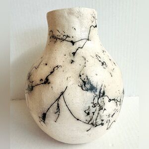 Vintage Horsehair pottery vase.Hand crafted.Signed Corleen.Cream and black.